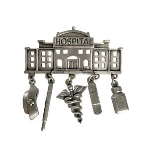 Vintage 80s Jonette Jewelry Hospital Nurse Brooch Lapel Pin Pewter Silver Charms